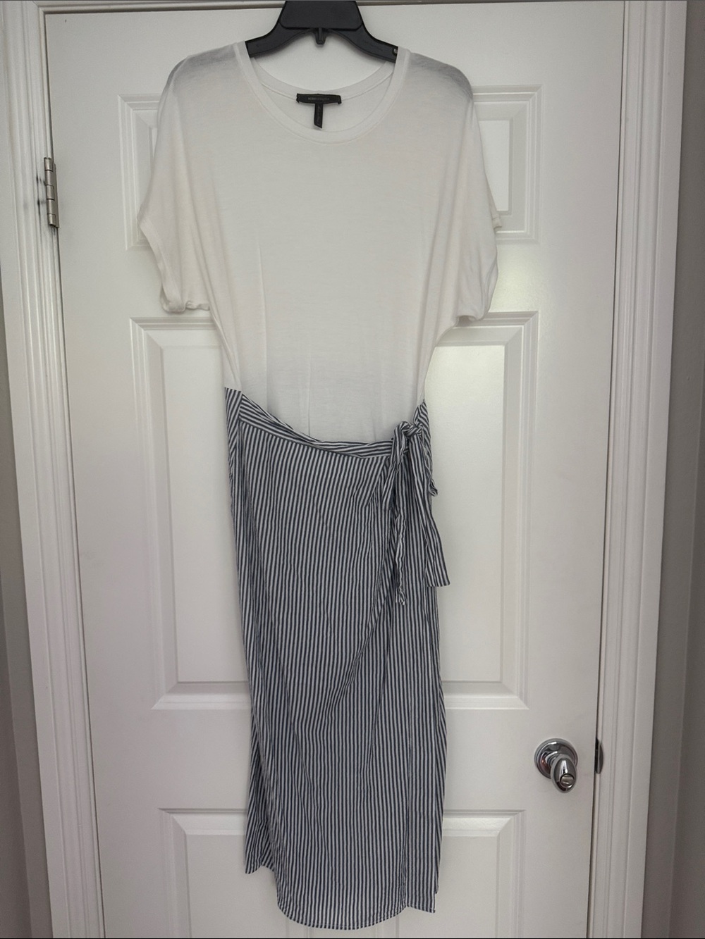BCBGMaxAzria White Top with Navy Pinstripe Wrap Midi Skirt